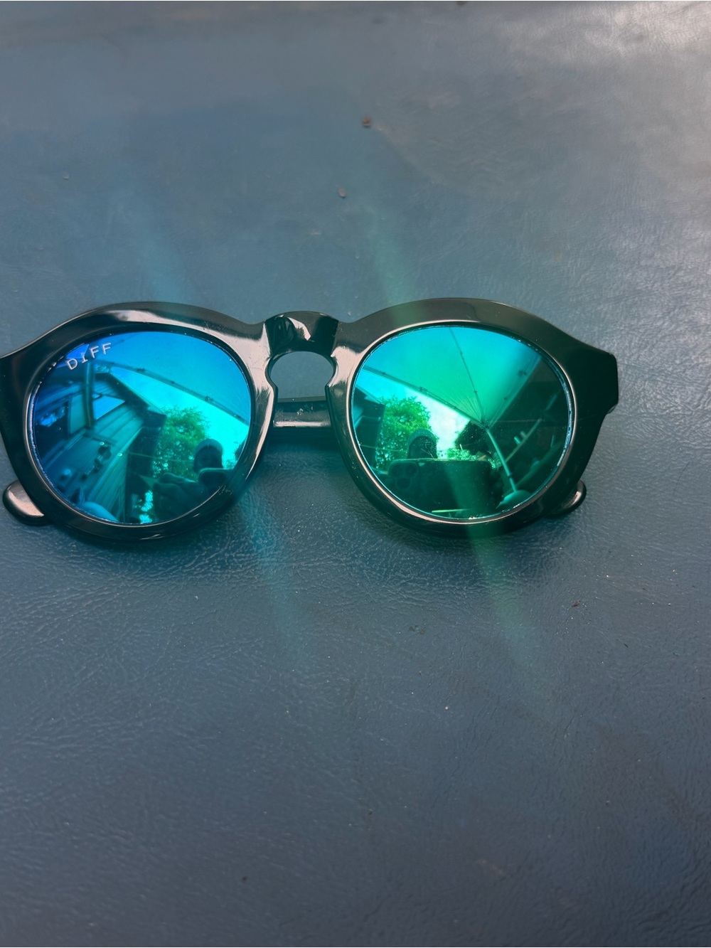 Diff Eyewear Black Round Sunglasses with Blue-Green Mirrored Lenses